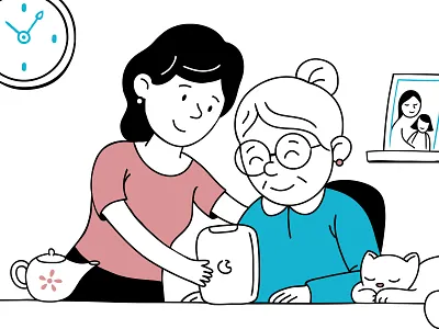 Family care cat character elderly family help illustration vector