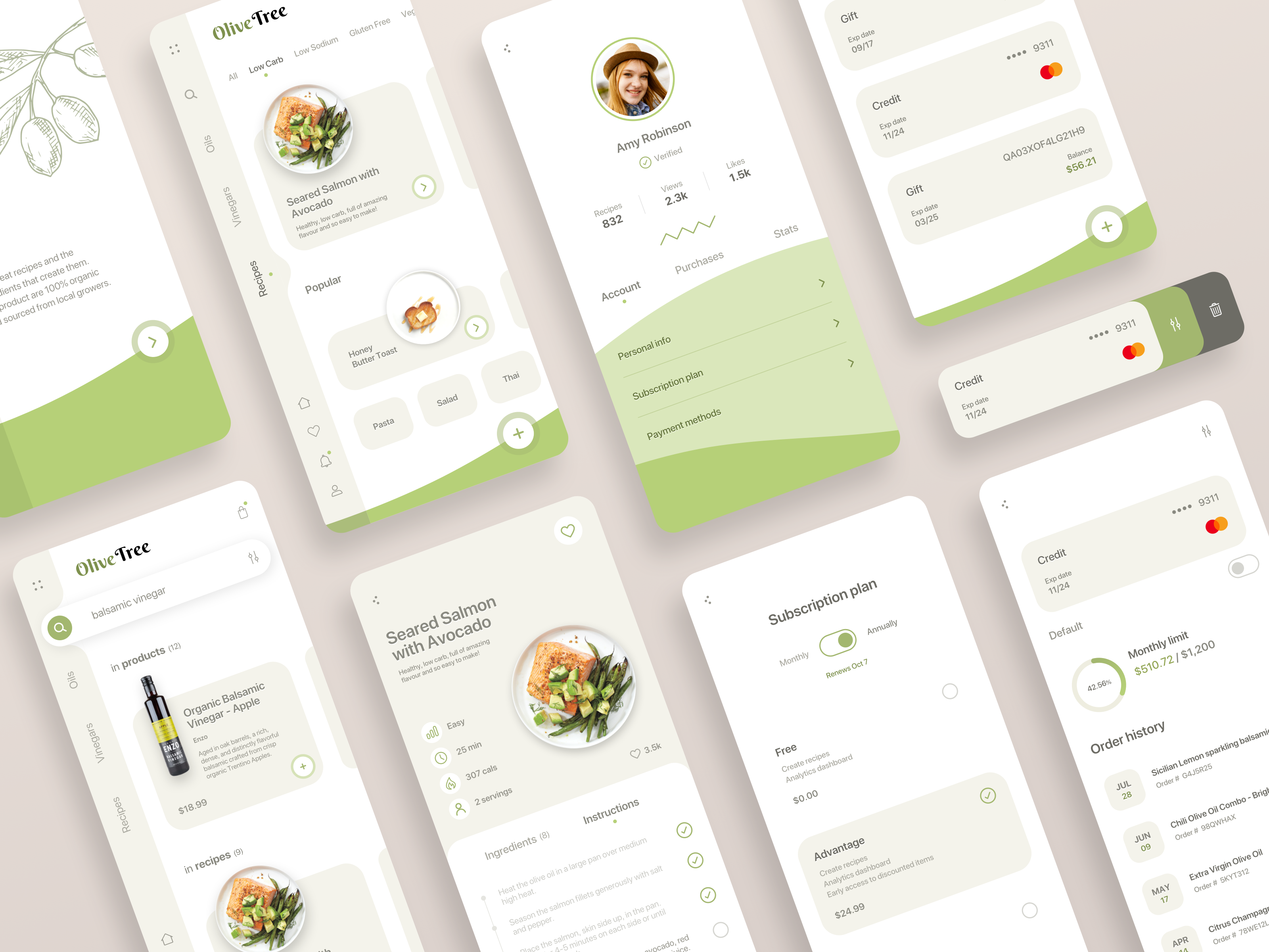 Olive Tree account app clean cooking flat food foodie ingredients left nav plan recipe sidebar simple subscription ui