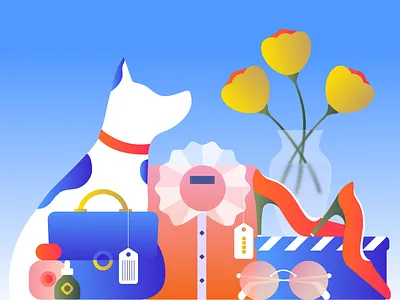 Editorial Illustration About Shopping bag beauty blouse editorial illustration flower gradient illustration meditation minimal perfume shoes sunglasses vase vector