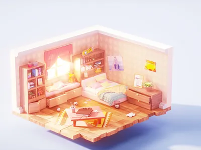 Early morning bedroom 2.5d 3d bed bedroom bookshelf c4d child cinema 4d design dusk girl happy illustration kid morning octane room sunny