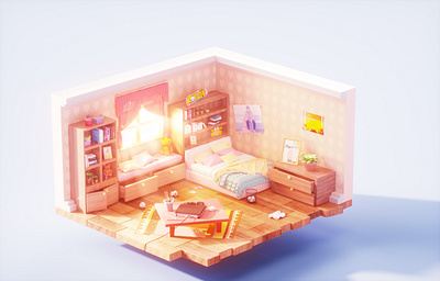 Early morning bedroom 2.5d 3d bed bedroom bookshelf c4d child cinema 4d design dusk girl happy illustration kid morning octane room sunny