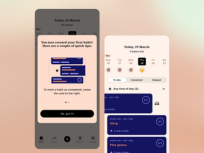 Habit Tracker App | First-Time User Experience app design clear instructions completed daily habits first time user interface friendly habit tracking informative design mobile app design play games productivity app routine skipped sleep task management to do s user experience user interface uxui warm color palette