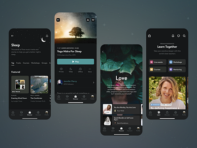 Mindfulness App Concept app design dark mode design guided courses health app live events love meditation mental health mindfulness monitoring relaxation sleep stress management ui user interface ux wellbeing workshops yogo