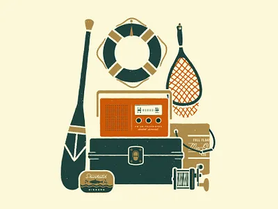 Lake Day Illustration fishing flat vector lake net outdoors print radio reel tackle box texture typography vintage