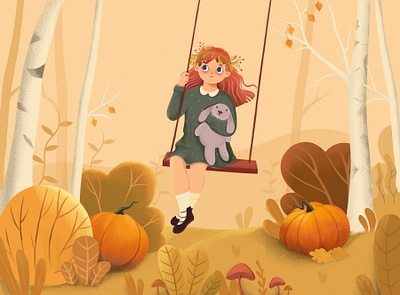 Sweet Swinging 2d animation autumn branding character design girl illustration nature toy vector