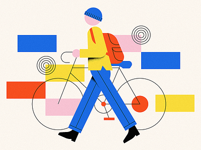 Walking Cyclist autumn backpack bauhaus bicycle bike black blue circles cyclist fall geometric geometry man pattern pink red toque walking wheels yellow