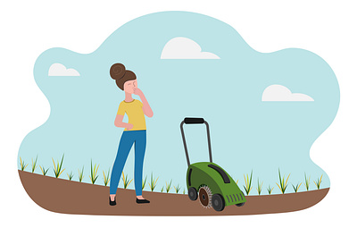 The woman looks thoughtfully at the sparse withered lawn flat design garden illustration lawncare minimal vector