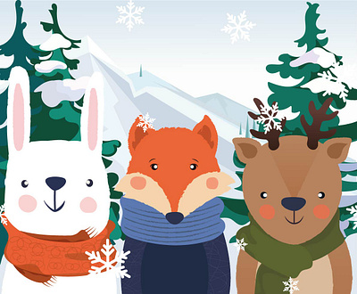 Winter animals illustrated bunny cartoon deer forest forest animals fox friends illustraion illustration art mountains postcard poster design snowflake vector illustration vectorart vectors winterart