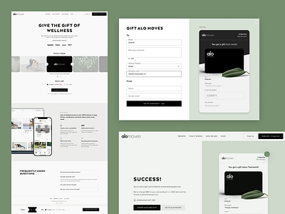 Alo Moves / Shop gift card experience bold carousel checkout clean elegant flat form gifting hero mockup modal purchase radio button shop split splitscreen success ux web design website