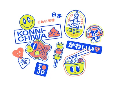 Konnichiwa design icon illustration japan japanese kawaii stickers travel vector