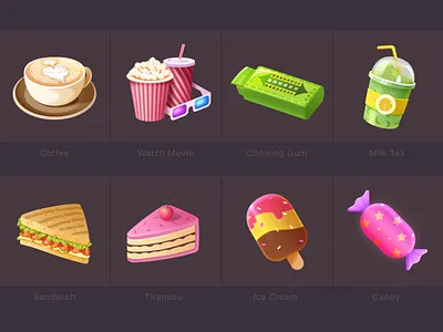Food icons candy chewing gum coffe design food ice cream icon illustration milk tea sandwich tiramisu vector watch movie