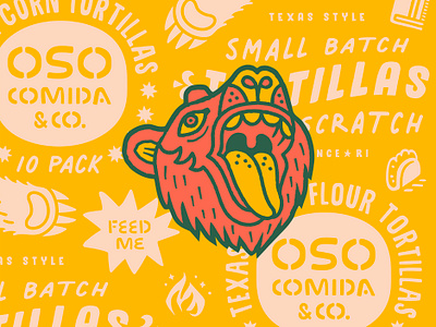 Oso Brand Elements : Dos bear beast branding burritos fire flame mexican mexico package design packaging pattern paw restaurant restaurant branding restaurant logo tacos texas texmex tortillas