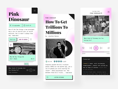 Retro Podcast — Mobile App Concept album art apple music black design detail page mobile music player pink player playlist podcast podcasting retro retro design spotify teal tie dye transcript ui ux