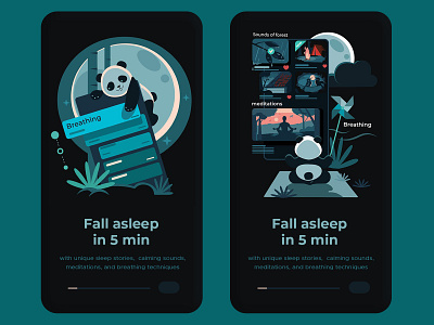 Onboarding Illustrations app asleep black theme boost breathing characterdesign concept cute animal design illustration meditation multimedia onboarding onboarding illustration panda screen sleep ui ux vector