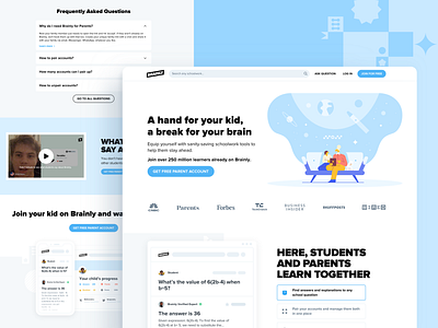 Landing Page for Parents on Brainly blue clean content education educational illustration information informative join landing page landing page design new account offer pairing parents sales subpage ui user inteface white