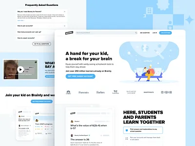 Landing Page for Parents on Brainly blue clean content education educational illustration information informative join landing page landing page design new account offer pairing parents sales subpage ui user inteface white