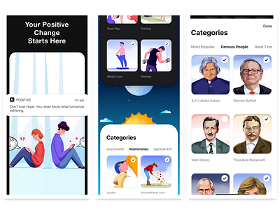 Positive - Daily quotes app app store character dark ios light mobile design positive positive vibes procreate ui ux uidesign