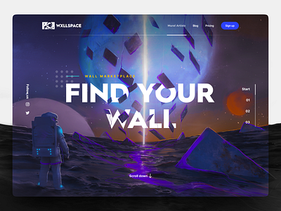 WxllSpace Landing Page & Illustration artwork astronaut brand cover cover art hero identity illustration landing page lines logo mark scroll simple space symbol web website