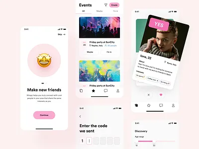 Wrapp - IOS Application Design card clean code design emoji event feed grid pin range slider swipe tinder travel typography