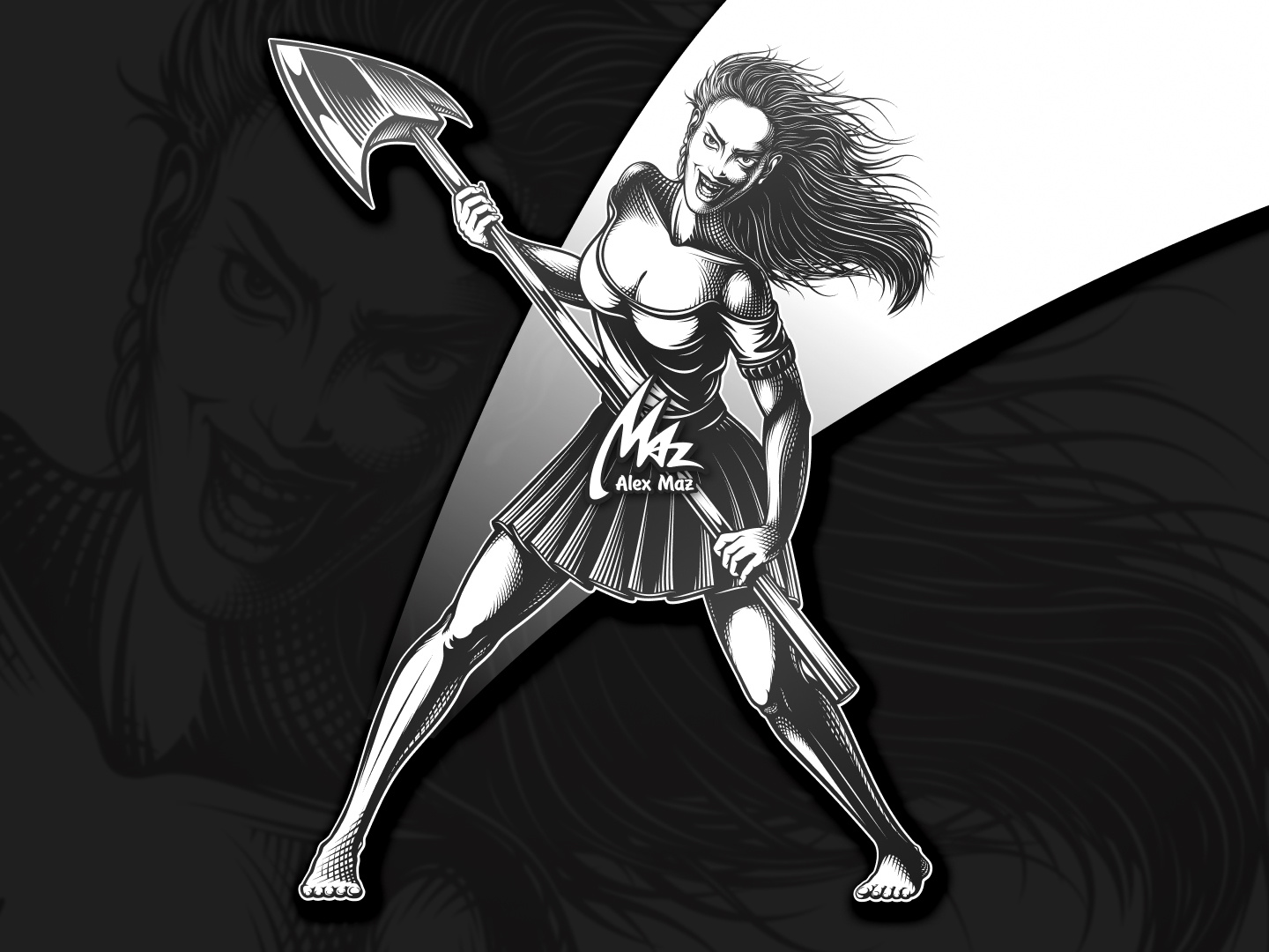 A sinister woman with an axe - vector art black and white character demonic engraving eyes face gaze halloween hand drawn head illustration line art mouth retro smile vector vectorart woman woman face woman portrait
