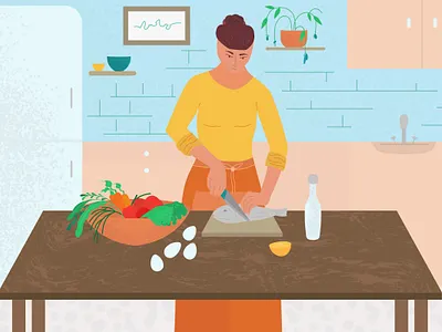 Cooking art character cook cooking eggs fish flat flat illustration food girl health healthy eating healthy food healthy lifestyle illustration interior kitchen vector vegetables woman