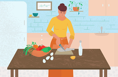 Cooking art character cook cooking eggs fish flat flat illustration food girl health healthy eating healthy food healthy lifestyle illustration interior kitchen vector vegetables woman