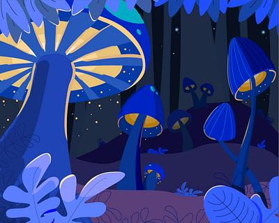 mushroom forest adobe illustrator fairy fantasy forest illustration landscape light mushroom night