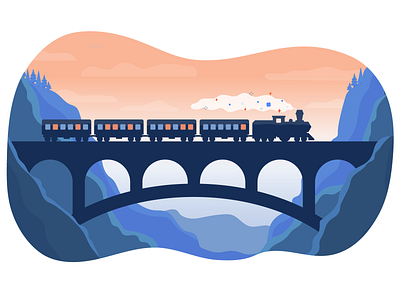 train bridge landscape mountains nature nature art riding sunset train travel vector