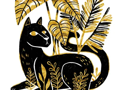 Black Panther in the Jungle animal art art licensing artwork big cat black and gold black cat boho cat digital art digital illustration digital painting illo illustration lion panther procreate tiger