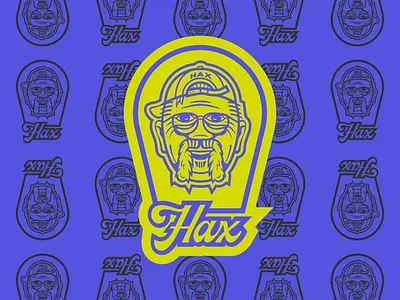 Hax Swing Shax - badge logo badge badge logo badges baseball branding grandpa green hax illustrative illustrator logo logo design logo type mustache purple script script font thicklines wordmark