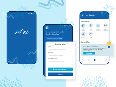 Mei - Fun Management App blue palette blue ui buttom menu buttom nav button design clean ui element design flat ui flat ui design flatdesign fun app fun design homepage login screen management app management tool menu category modern ui register page splash screen