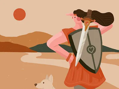 Heroine adventure character dog flat heroine illustration mission shield sword woman