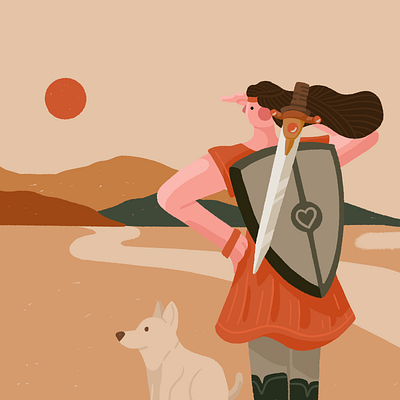 Heroine adventure character dog flat heroine illustration mission shield sword woman