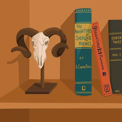 Bookshelf bone book books creepy home horn illustration shelf sherlock skull