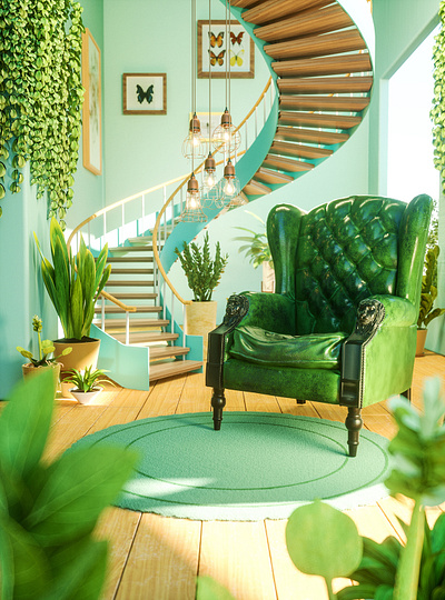 Green interior 3d c4d cinema 4d classical design florist flower green greenhouse happy illustration indoor octane refreshing sun sunny