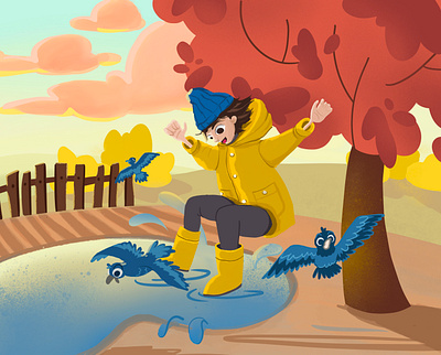 Golden autumn autumn book illustration boy illustration character childrens book childrens illustration illustration jump procreate rubber boots sunset