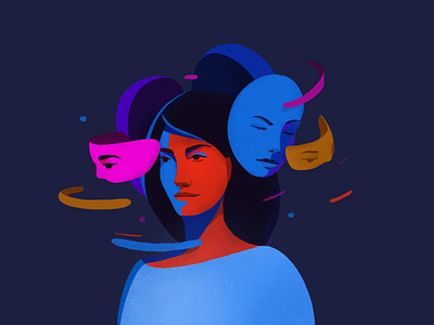 Masks around editorial illustration emotioal face flat illustration masks minimal mood vector woman world