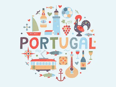 Portuguese elements fish football grape lighthouse lisbon logo minimal mosaic porto portugal portugues portuguese rooster ship tram vector vine