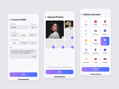 Dating App – Sign Up Steps about gender interests mobile photo profile sign up ui