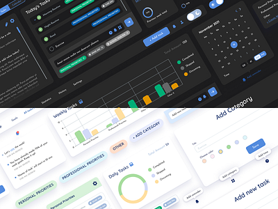 Ui kit for task planner app design dark theme design light theme planner planner app task app task manager ui ui design ui kit ui kit design web app web application design