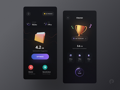 Cleaner App ✨ app app design app ui clean clean ui cleaner cleaning concept dark ui files folder memory minimal mobile app optimize remove service trend ui