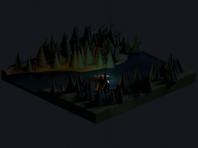 Lonely creak 3d blender boat creak design fantasy forest isometric night river