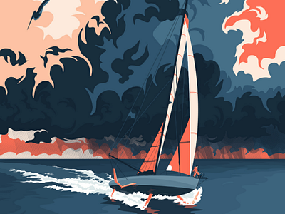 J+10 Pot au noir boat cloud illustration rain sail sailing sea ship storm