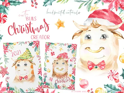 Christmas Bull Character Creator 2021 bull bull in hat christmas christmas card greeting card new year watercolor bull watercolor illustration winter clothes