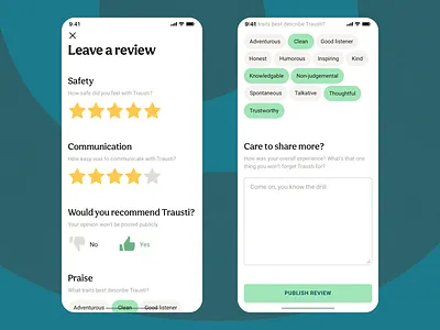 Review System character communication feedback feedback form leave feedback mobile ui mobile ux praise rating recommendation reference review safety star rating stars tags thumb down thumb up traits votes