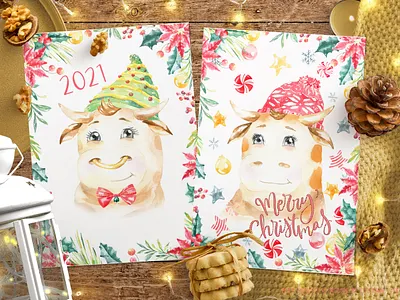 Christmas Bull Character Creator 2021 bull bull in hat christmas christmas card greeting card new year watercolor bull watercolor illustration winter clothes
