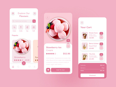 Ice Cream Concept App app design application branding colorful cream delivery app ecommerce flavor food food delivery ice cream app icecream ios minimal pink strawberry ui design ux design vanilla