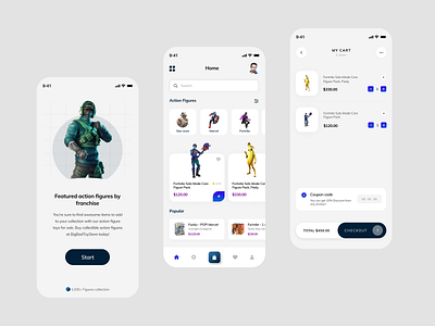 Action Figures Ecommerce App action actionfigure app design app ui design ecommence ecommerce figma figmadesign minimal trendy ui ui design