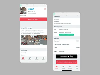 Parking App - Garage Information Interface amenities app design attended car app covered cupon code design garage informative page location mobile ui parking app parking booking parking management payment options product page ui design user experience user interface white theme