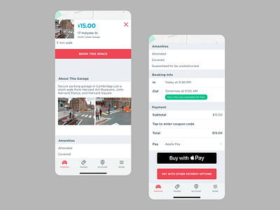 Parking App - Garage Information Interface amenities app design attended car app covered cupon code design garage informative page location mobile ui parking app parking booking parking management payment options product page ui design user experience user interface white theme